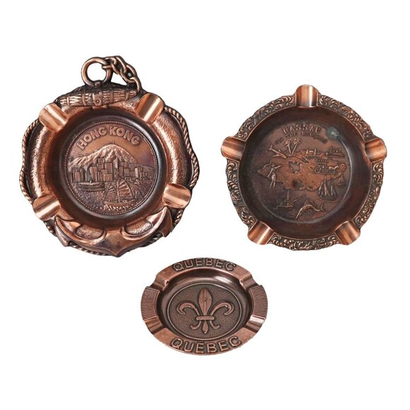 3 Vintage Souvenir Copper Ashtrays Quebec Nassau Hong Kong Ashtray - Picture 1 of 5
